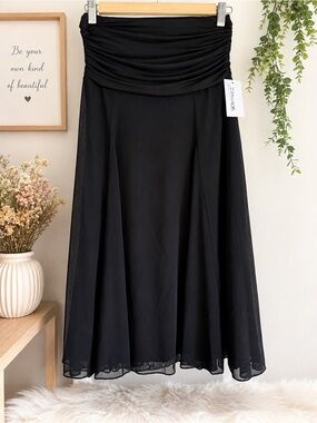 Solid Black Ruched Waist Flowy Maxi Skirt – Sheer Overlay Elegant Dressy Skirt